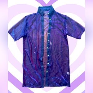 🪩 Holographic disco oversized mesh purple button up dress shirt 🪩